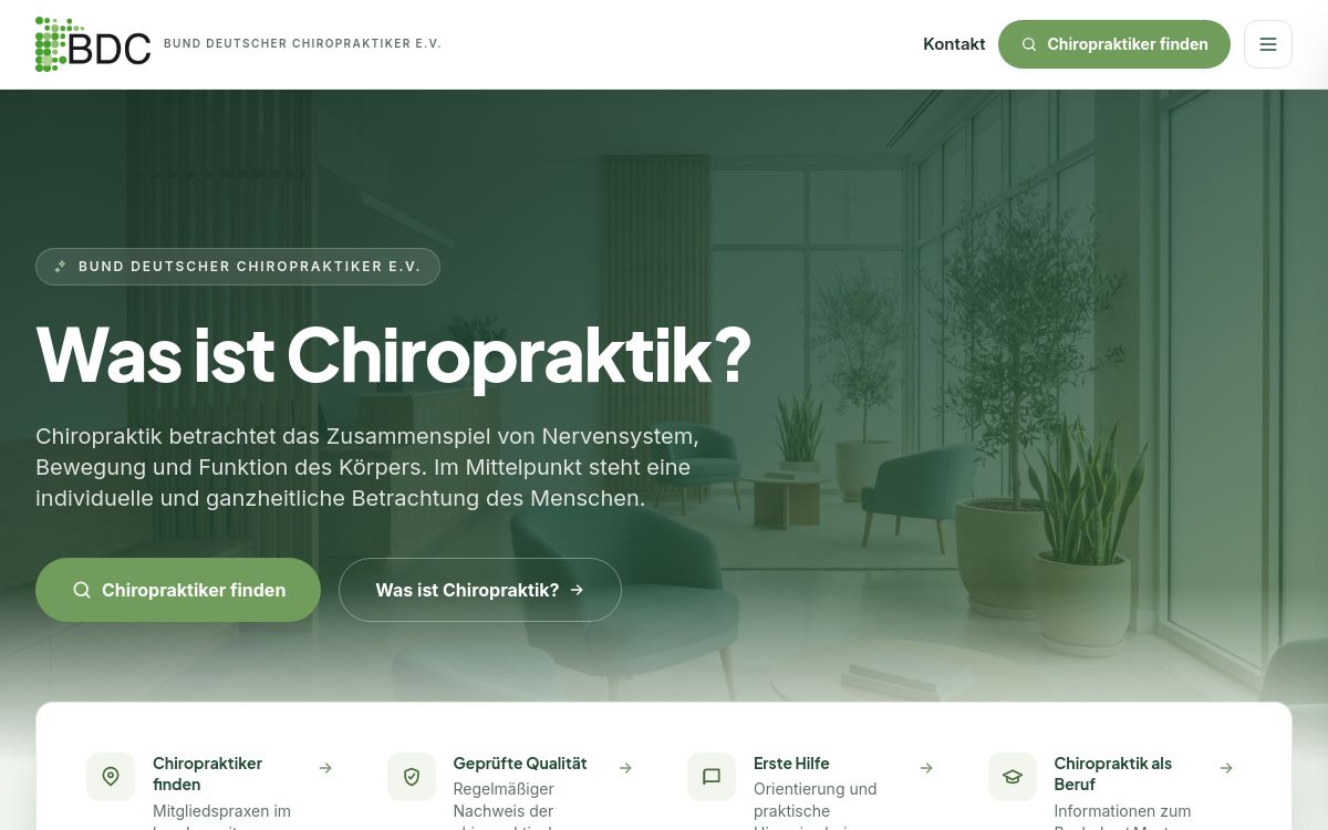 Startseite des Website-Relaunchs für den Bund Deutscher Chiropraktiker